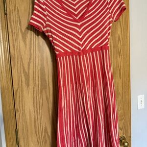 Boden Red and White Pleated Fit and Flare Midi Dress